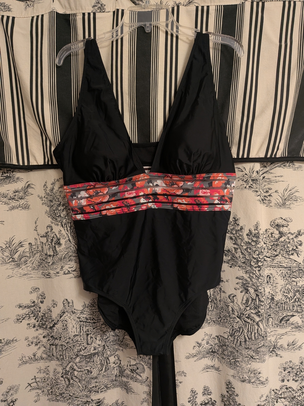 Time and Tru Black One-Piece with Striped Floral Accent-16/18